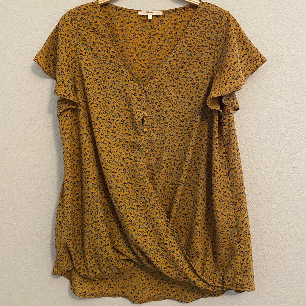 Impressions Boutique Mustard Floral Faux Wrap Blouse • Large